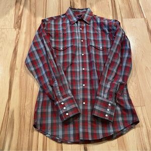 Wrangler Men's Red and Gray Plaid Shirt—S